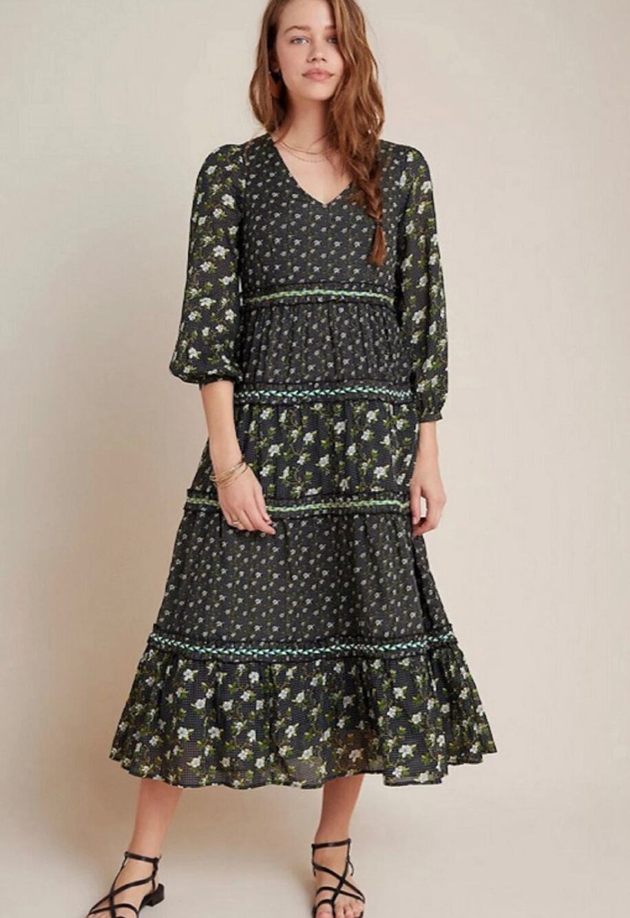 Anthropologie Karoline Tiered Maxi Dress Navy Green Size 0 Prairie Cottagecore